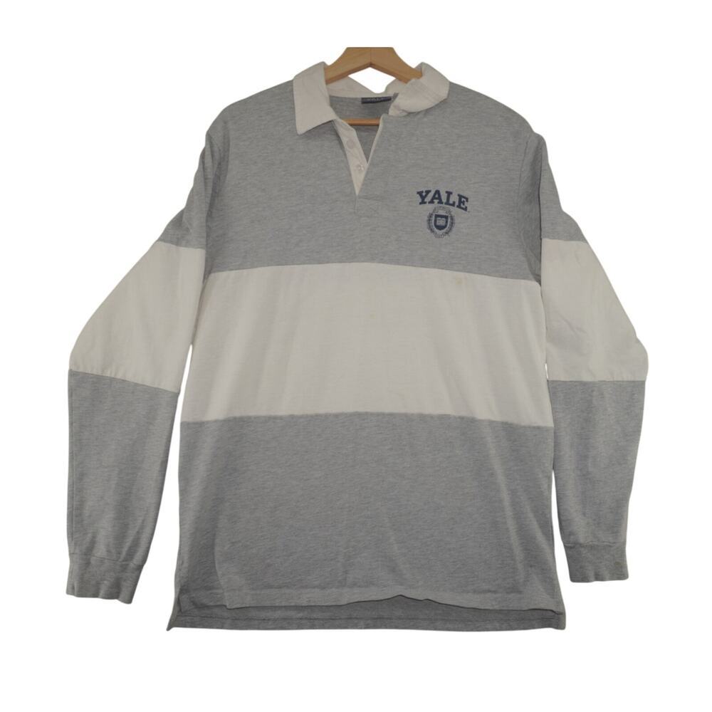 Yale University Rugby Shirt Mens Large Gray White Long Sleeve Polo
